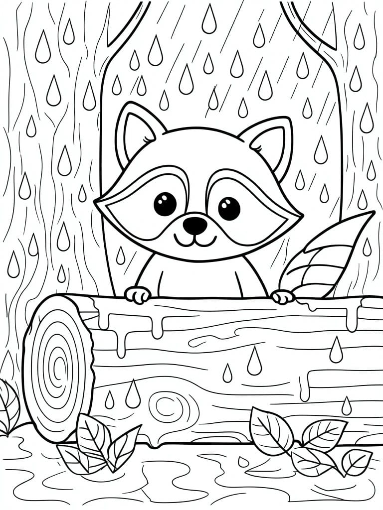 Coloring page of cute raccoon peeking over log in pouring rain