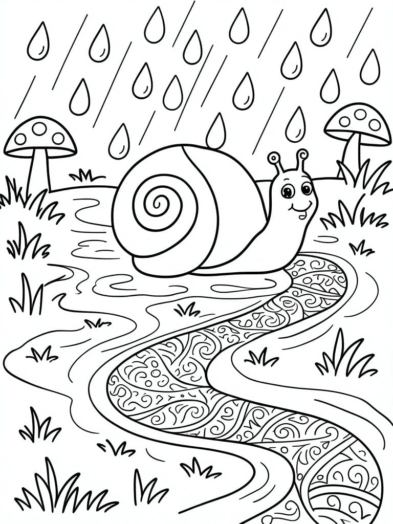 Happy snail on ornate path amid rain, grass, and mushrooms