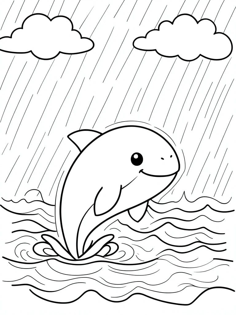 Smiling dolphin leaping from wavy ocean under rainy clouds in line art