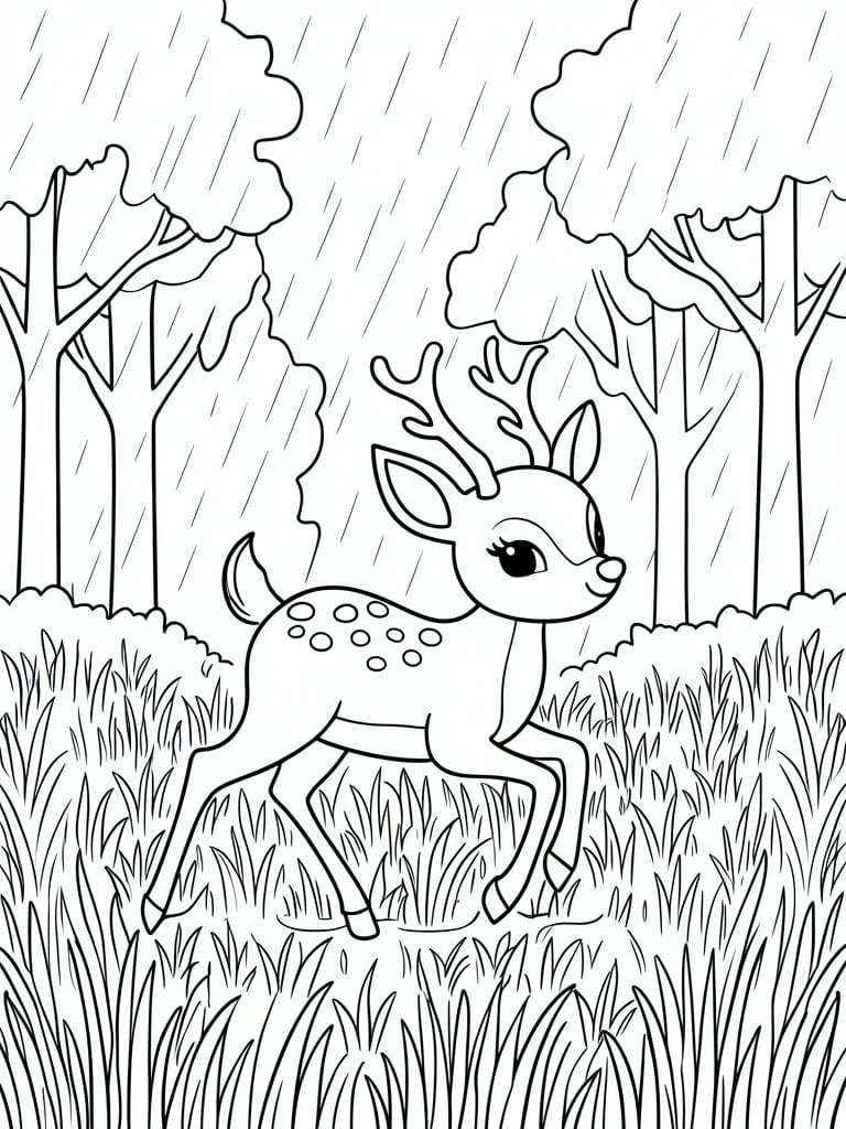Cartoon fawn leaping through rainy forest with trees and tall grass