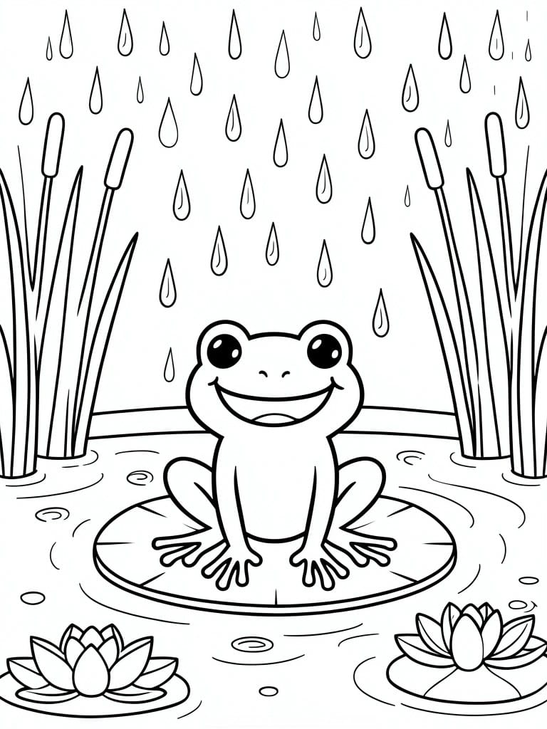 Smiling cartoon frog on lily pad in rain with reeds and lilies