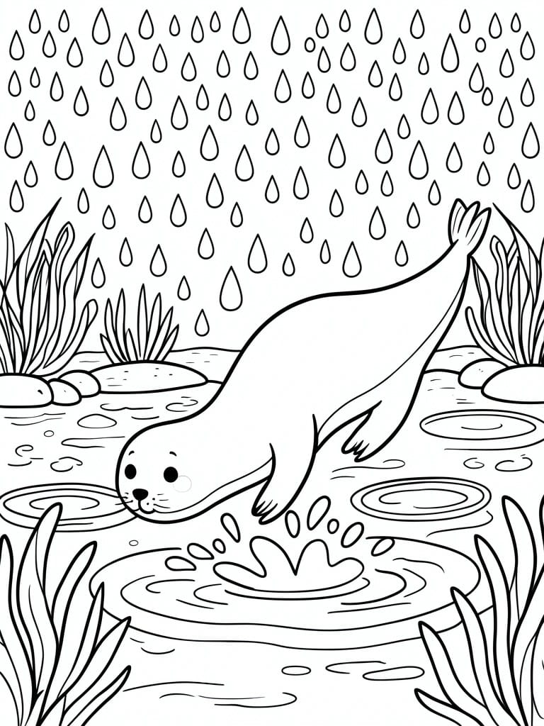 Coloring page of a seal splashing in rain amid plants and rocks.