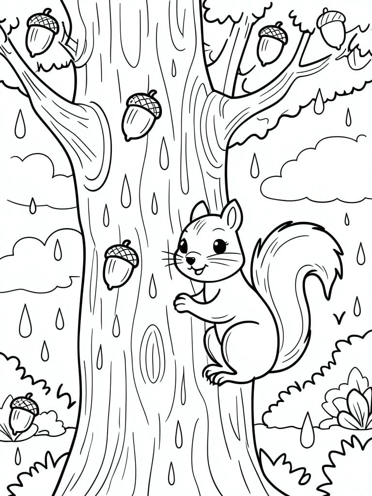 A black and white line drawing shows a squirrel on a tree trunk with acorns and raindrops falling around it.