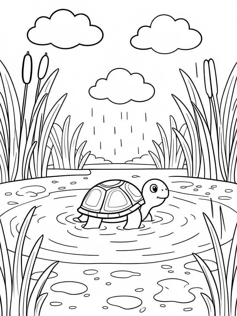 Coloring page of smiling turtle swimming in rainy pond with reeds and clouds