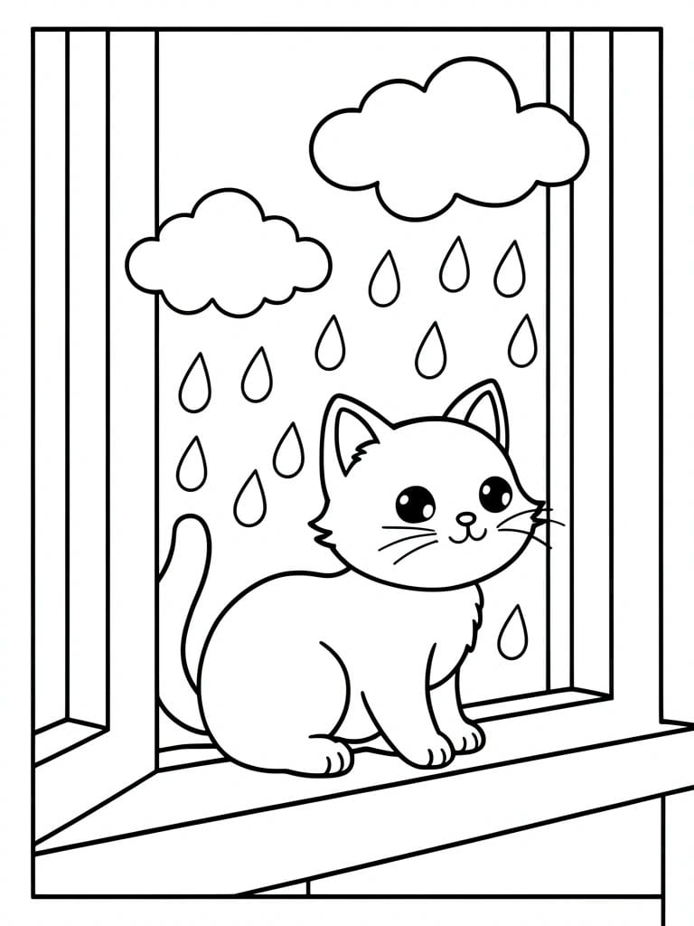 Cartoon kitten sitting on rainy windowsill with clouds and falling raindrops