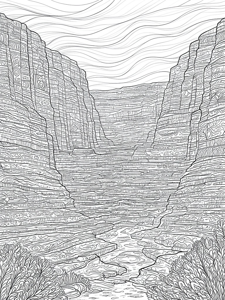 Line drawing of a deep layered canyon with winding path, cliffs, and desert plants.