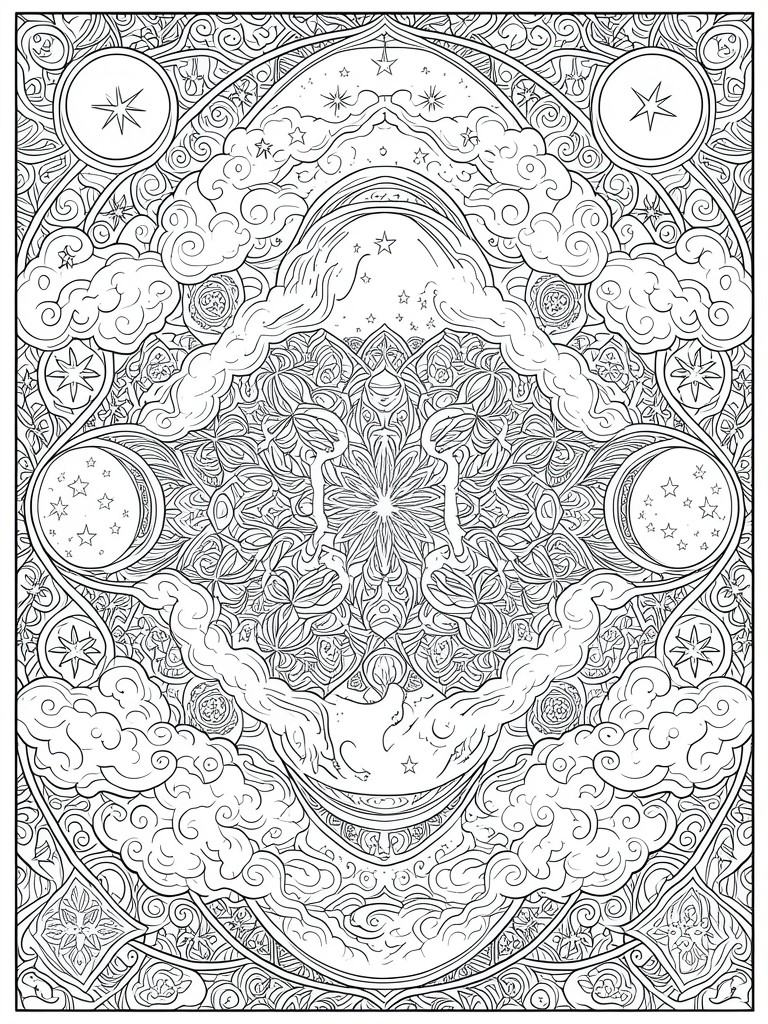 A black and white coloring page with a central mandala, surrounding clouds, stars, and circular star-filled elements in a symmetrical layout.