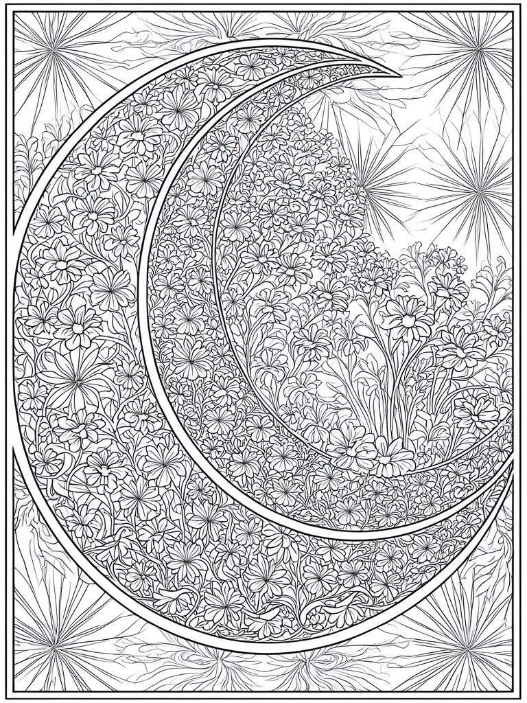 Intricate black-and-white line art of a floral crescent moon with stars.
