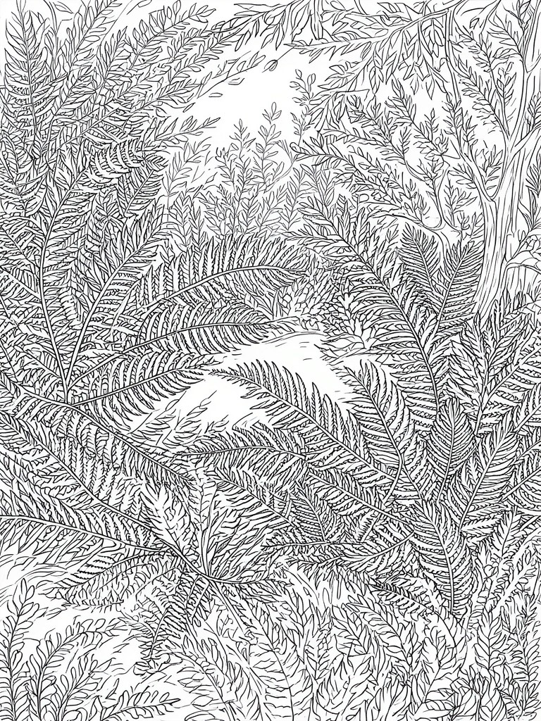 A black and white line drawing of a dense forest scene filled with overlapping ferns and leaves.
