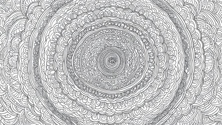 Intricate black-and-white mandala with concentric circles and floral geometric patterns.