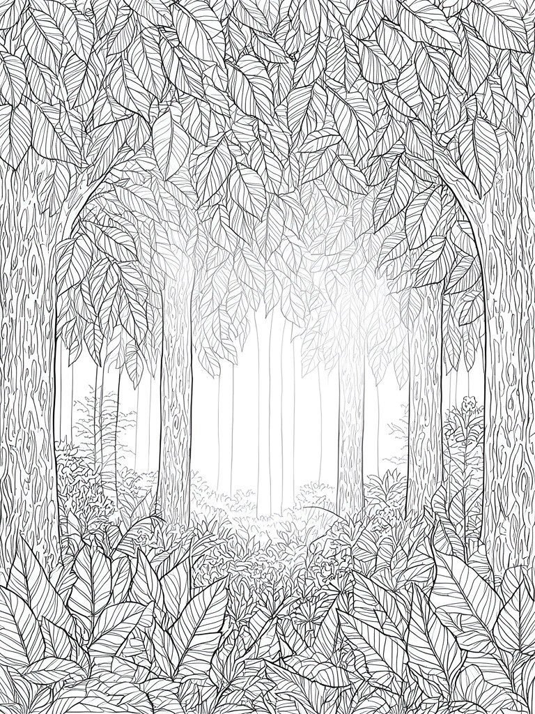 A black and white line drawing of a forest path viewed between tall trees with dense leaves above and below.
