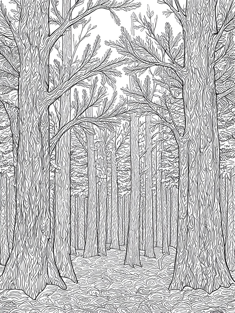 Black and white line drawing of a forest path surrounded by tall trees with textured bark and branches.