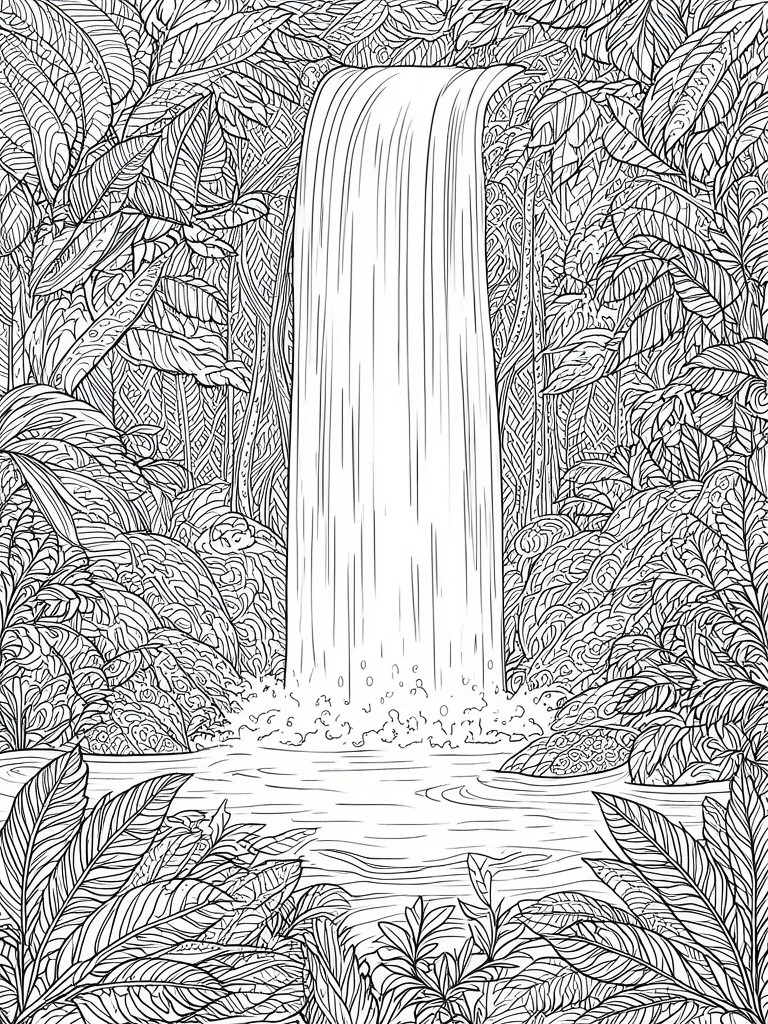 Line art of tall waterfall cascading into jungle pool amid dense foliage.