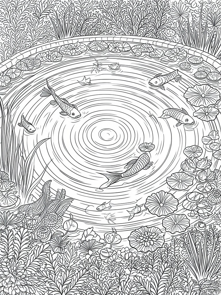 Detailed line art of koi fish swimming in a lily pad pond with plants