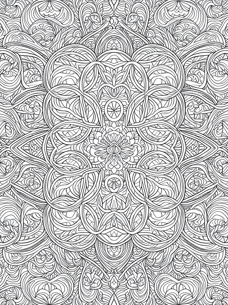 Black and white mandala coloring page with dense symmetrical patterns of loops, floral centers, and layered circular motifs.