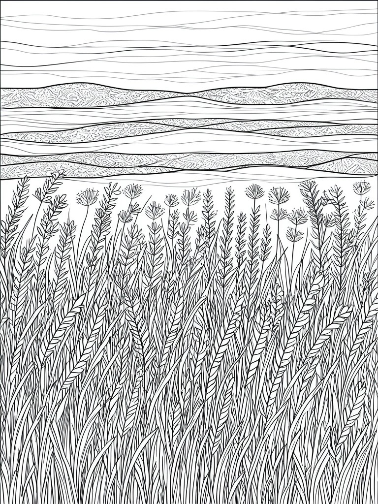 Line art of dense wildflowers and grasses beneath wavy layered horizons