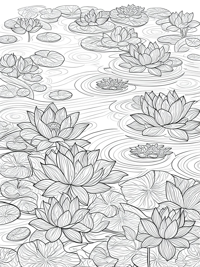 Black and white line art of lotus flowers and lily pads on rippled water