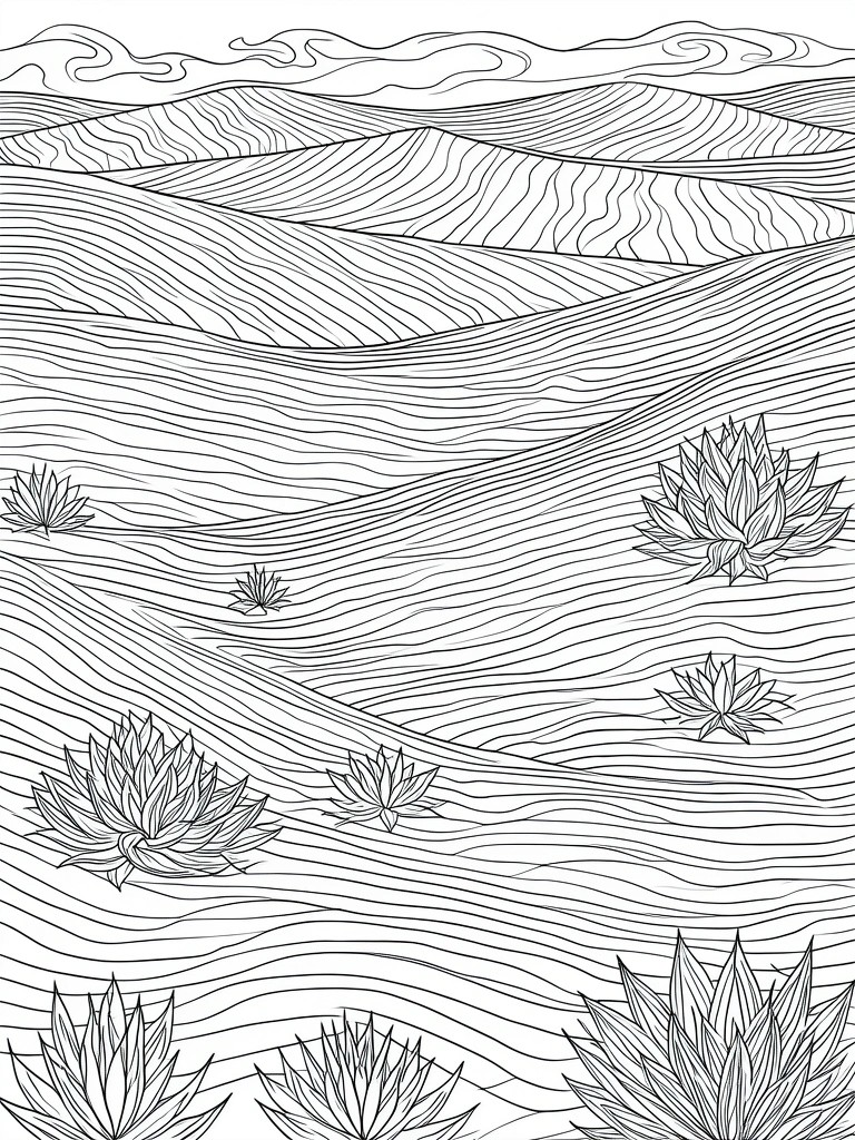 A black and white coloring page with rolling hills made of parallel lines and lotus flowers scattered across the landscape under clouds.