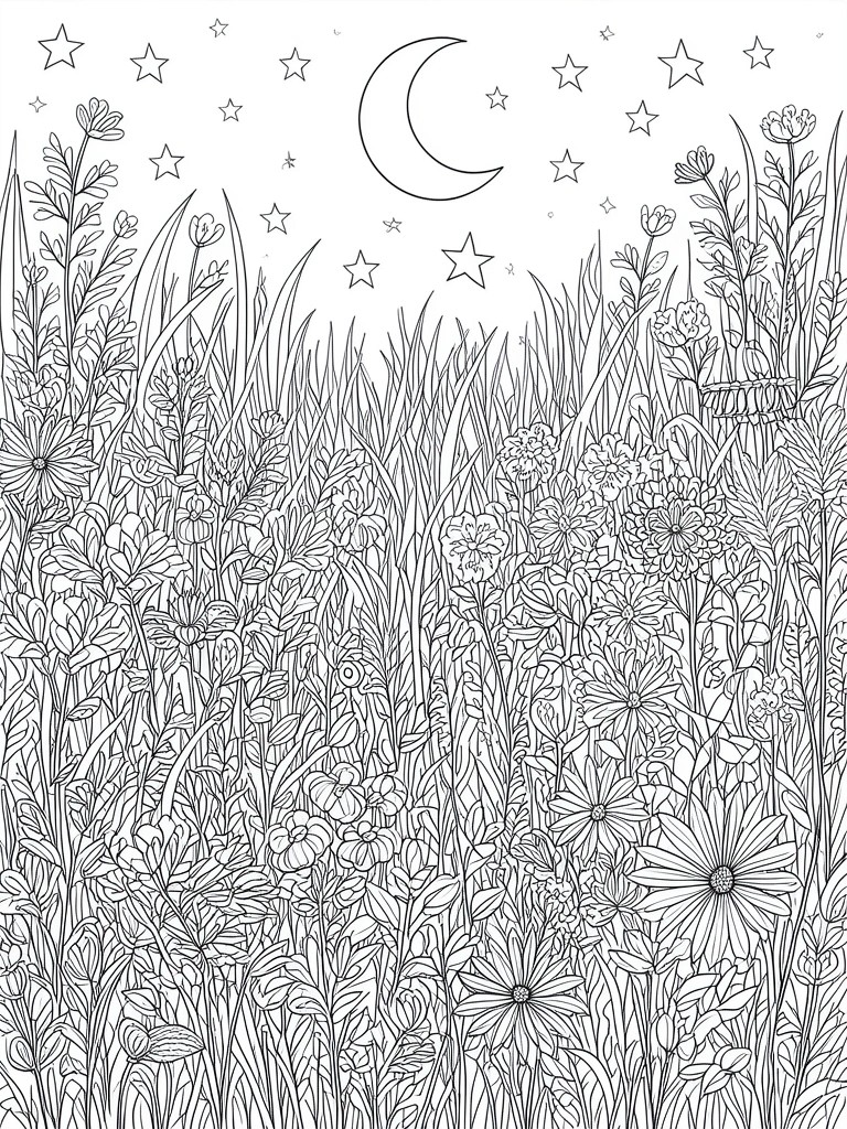 Crescent moon and stars above dense wildflowers and tall grass in line art