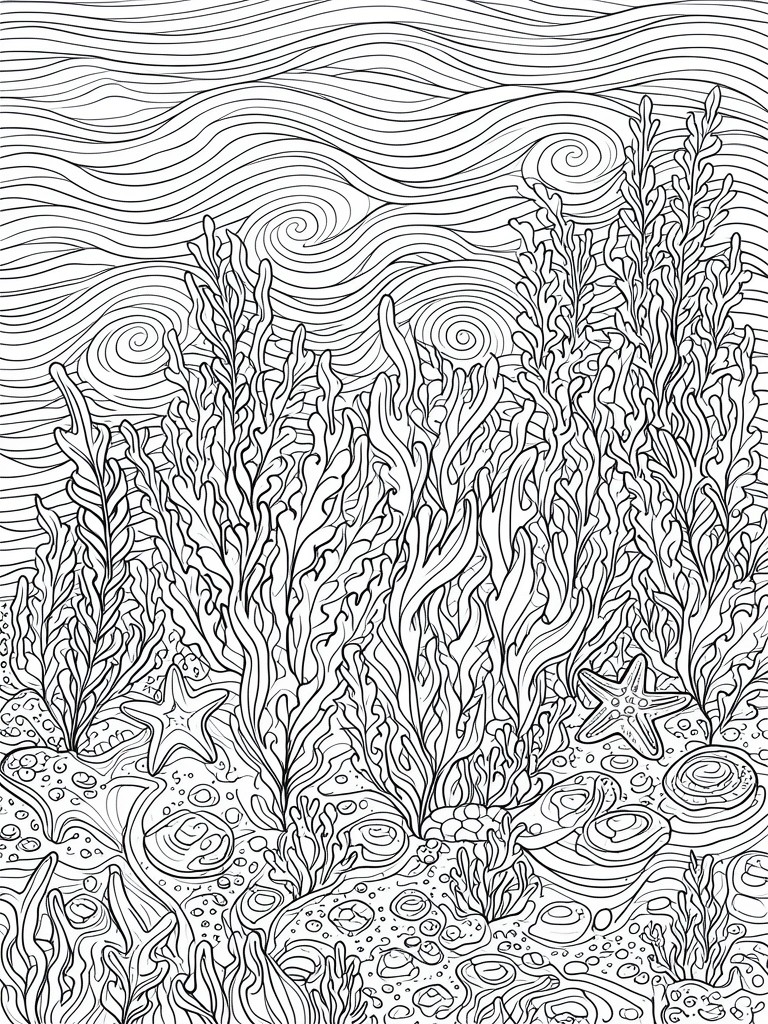 Detailed black and white line art of underwater kelp, starfish, shells and swirling waves.