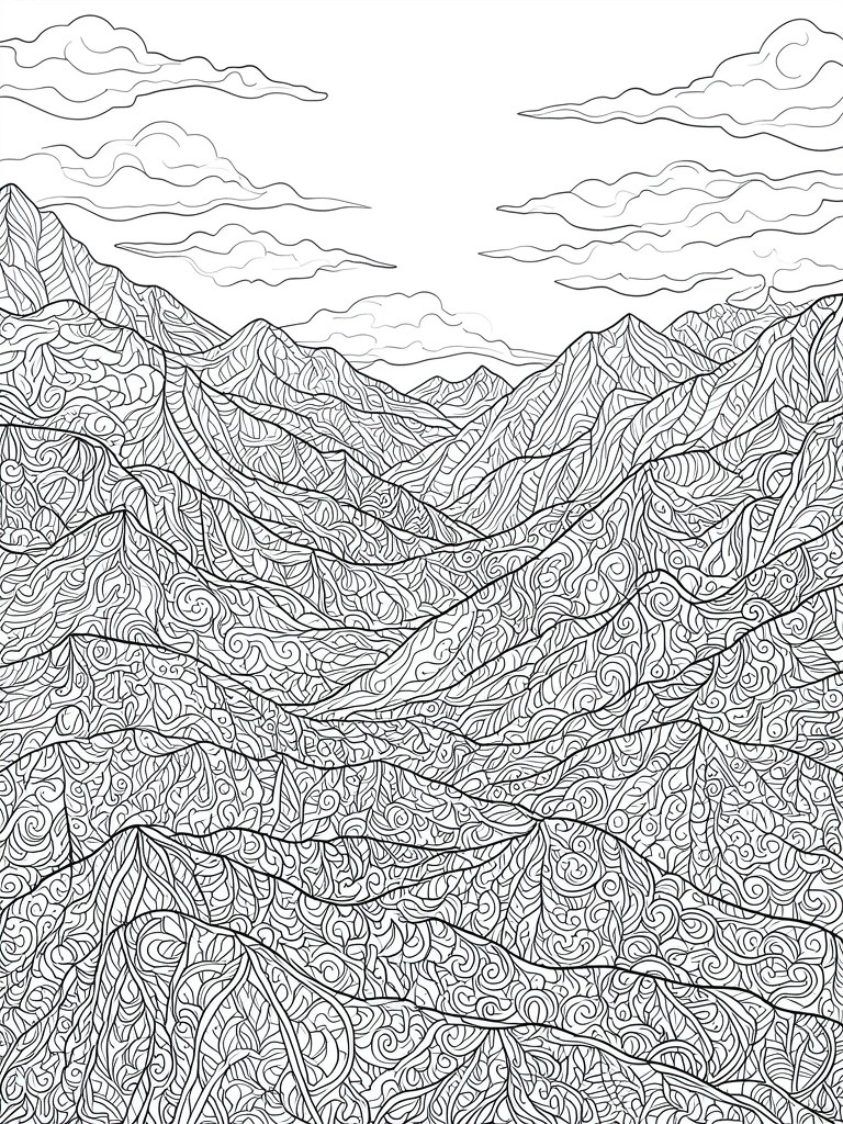 Intricate black-and-white line art of swirling patterned mountains beneath clouds.