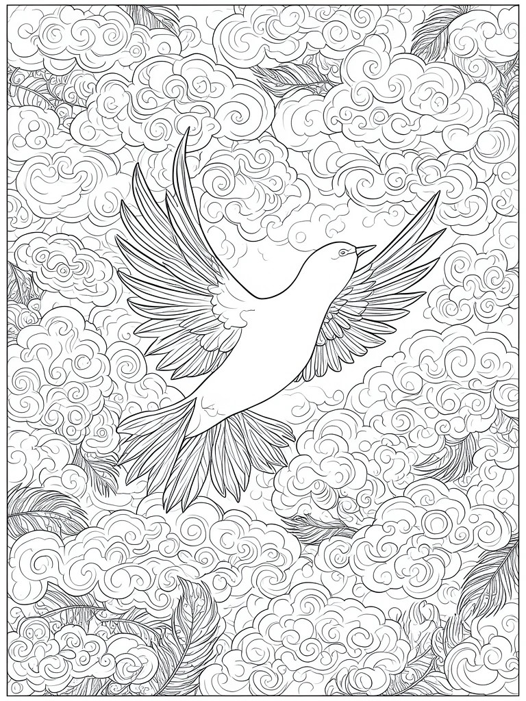 Detailed line art of a dove flying amid swirling clouds and feathers