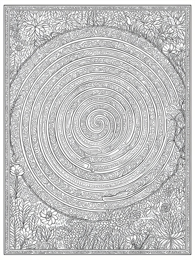 Intricate black-and-white circular labyrinth maze with dense floral border.