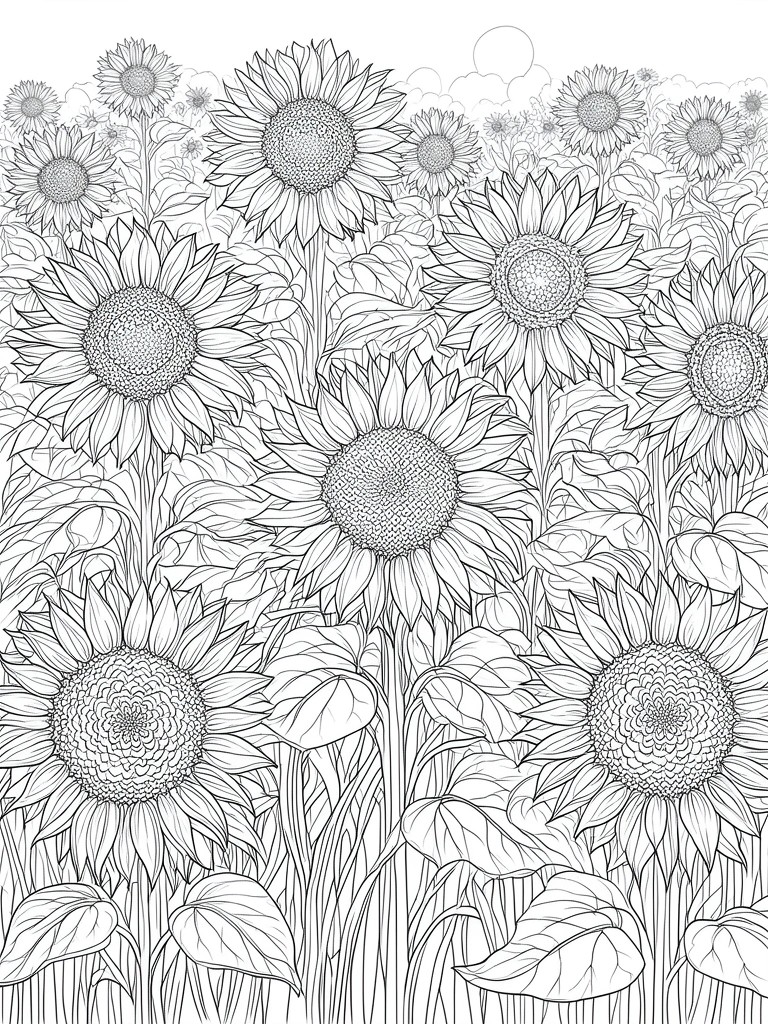 Black-and-white line drawing of a dense sunflower field with leaves and stems
