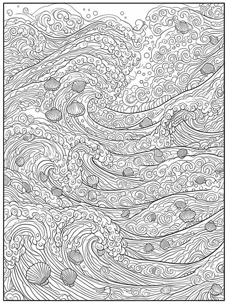 Detailed black and white line art of swirling ocean waves with seashells.