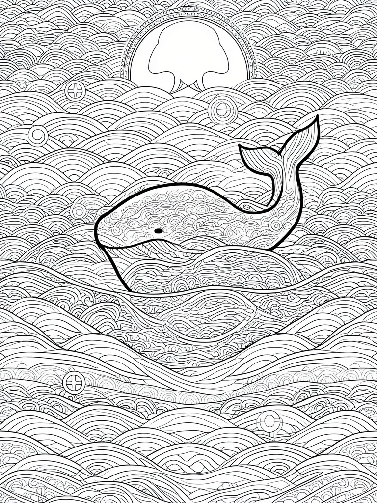 Black and white line drawing of whale in patterned ocean waves under sun
