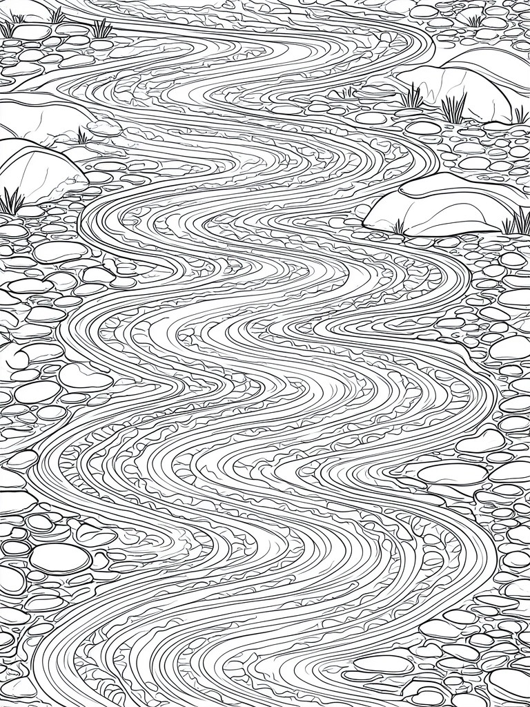 A black and white line drawing of a winding stream with many curved flow lines and rocks along the banks.