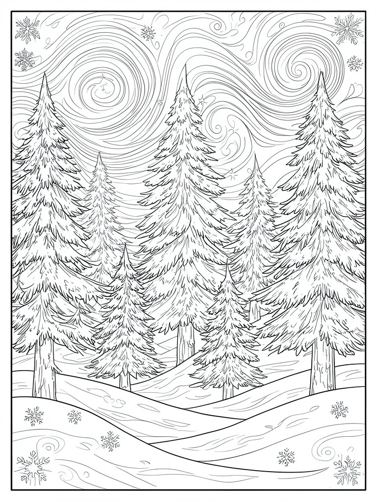 A black and white line drawing of pine trees on snowy hills with swirling sky patterns and scattered snowflakes.