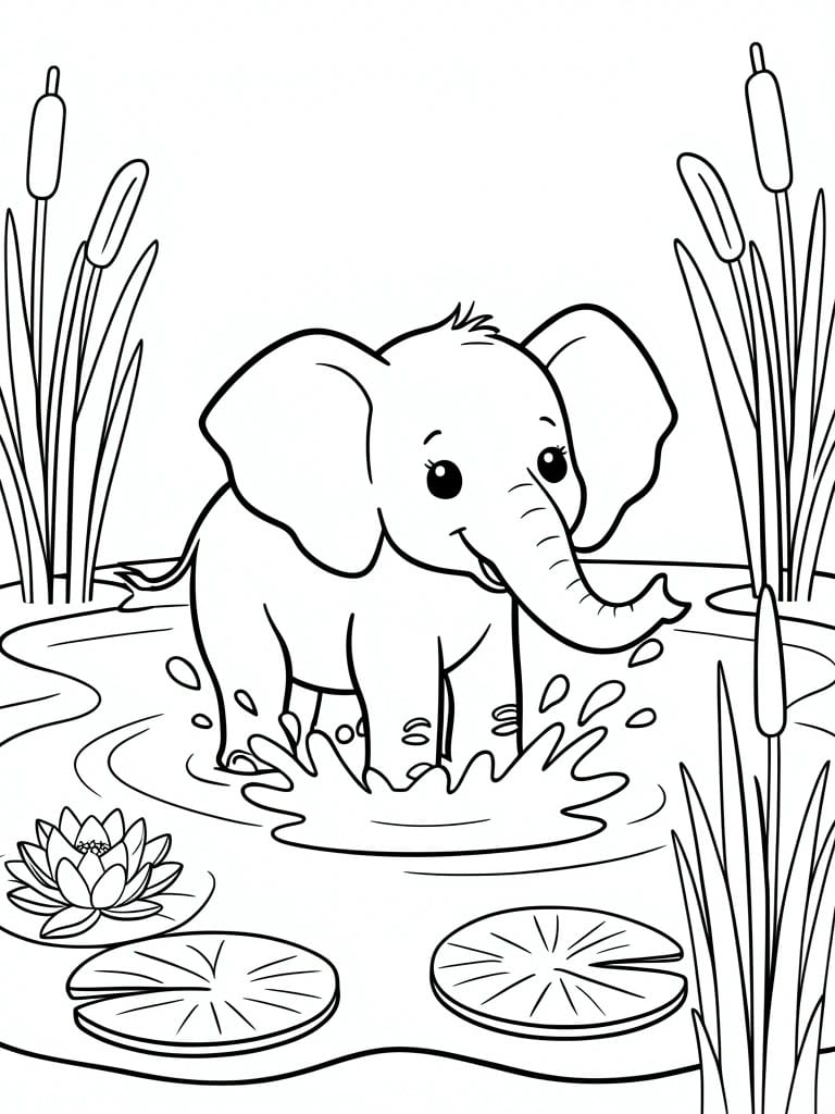Baby elephant splashing in pond surrounded by lily pads, lotus, and reeds