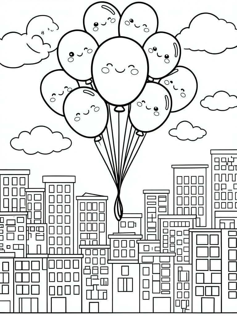 Cluster of smiling balloons floating above a city skyline with clouds