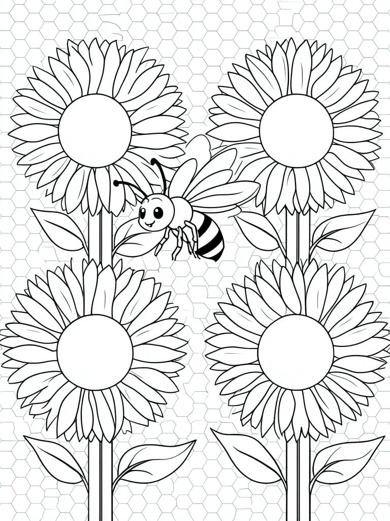 A black and white coloring page shows four sunflowers with a bee flying near the top two flowers against a honeycomb background.