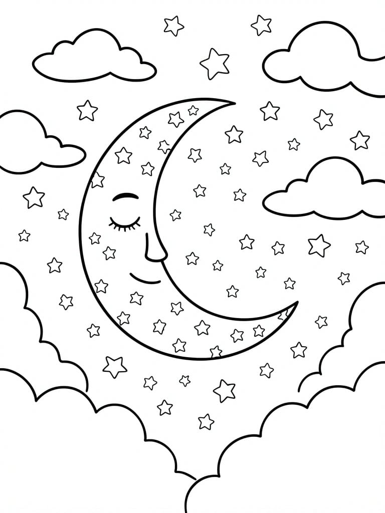 A black and white coloring page shows a smiling crescent moon with stars and clouds around it.