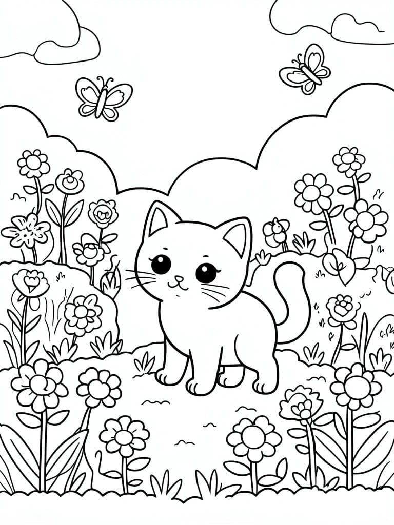 Cute cartoon kitten standing among flowers with butterflies and clouds overhead