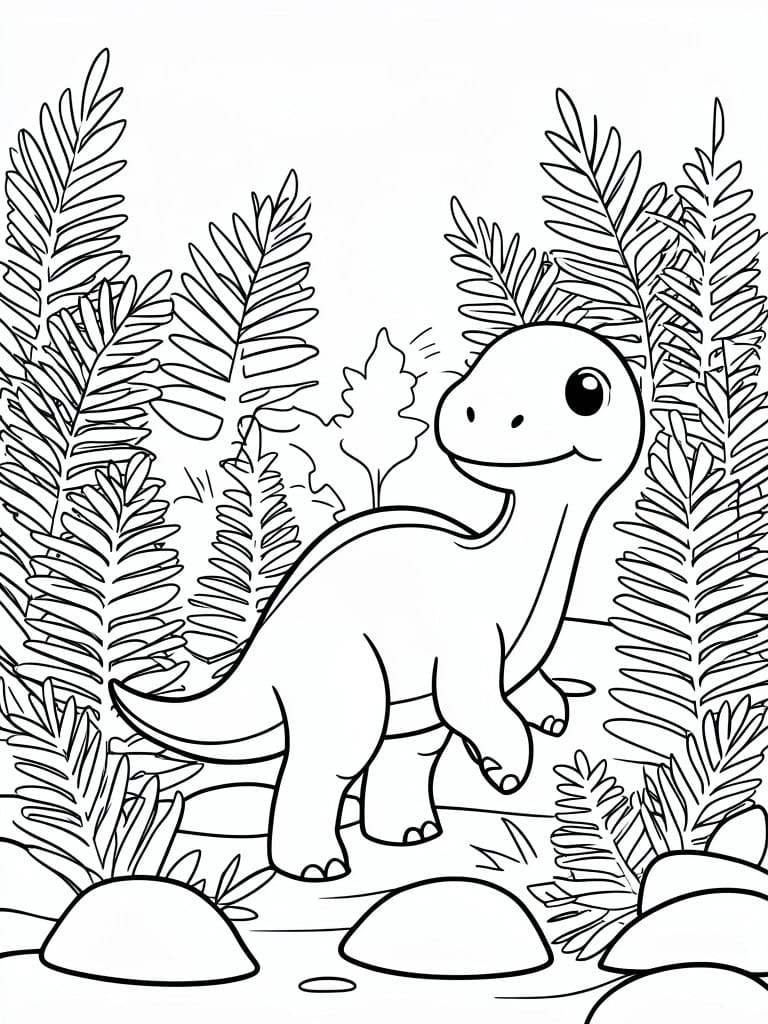 Cheerful cartoon dinosaur amid ferns and rocks in jungle coloring page style.