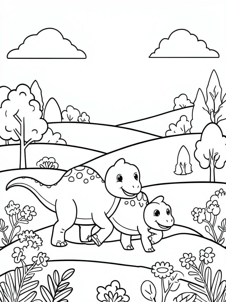 Two smiling dinosaurs walking in a landscape with hills, trees and flowers