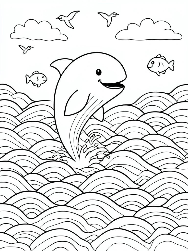 Dolphin leaping from wavy ocean with fish, birds, and clouds above
