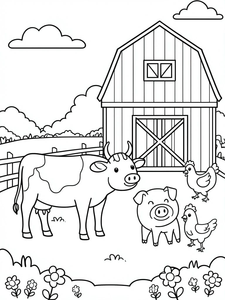 Coloring page of cow, pig and chickens beside a large barn with flowers.