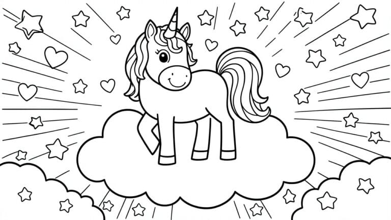 Cute cartoon unicorn with horn on cloud, surrounded by stars and hearts