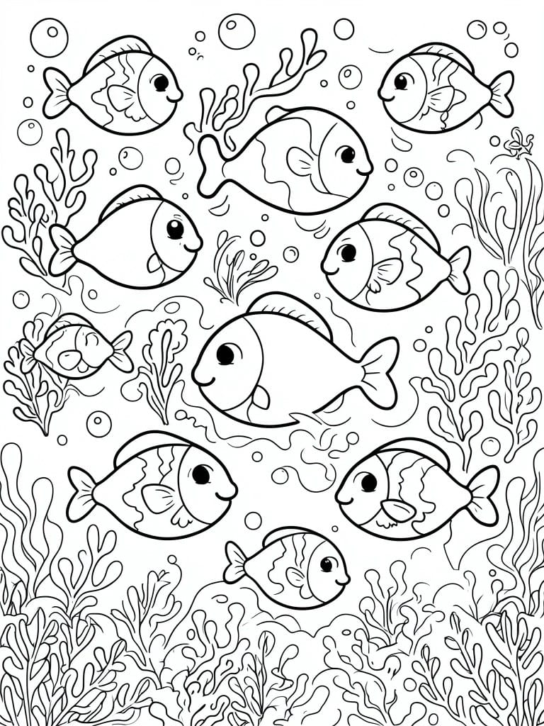 Coloring page of cartoon fish swimming among coral, plants, and bubbles