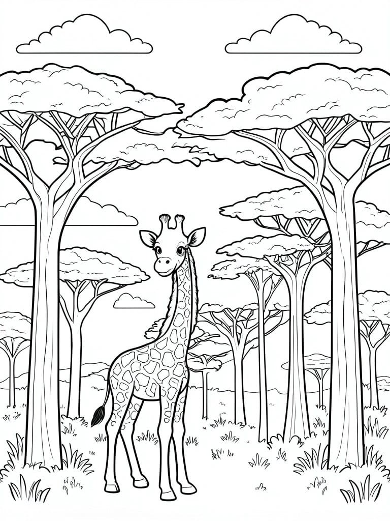 Coloring page of giraffe standing among tall trees in a savanna landscape.