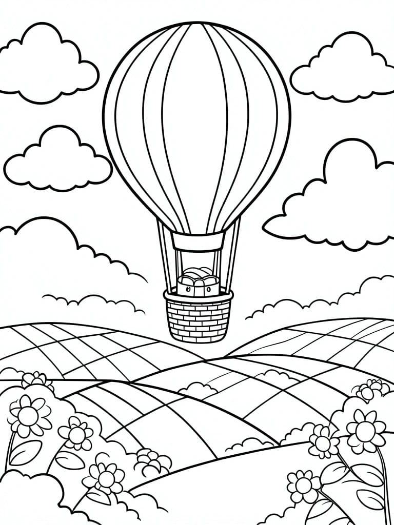 Coloring page of hot air balloon over checkered hills with flowers and clouds