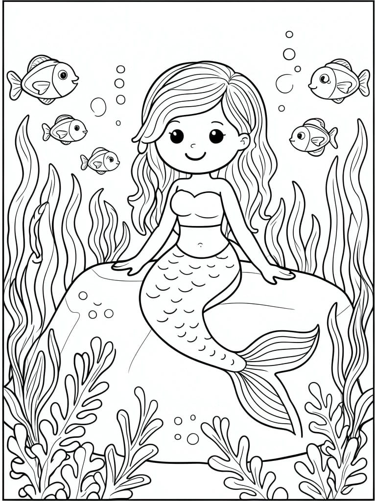 A black and white line drawing of a mermaid sitting on a rock underwater with fish, seaweed, and bubbles around her.