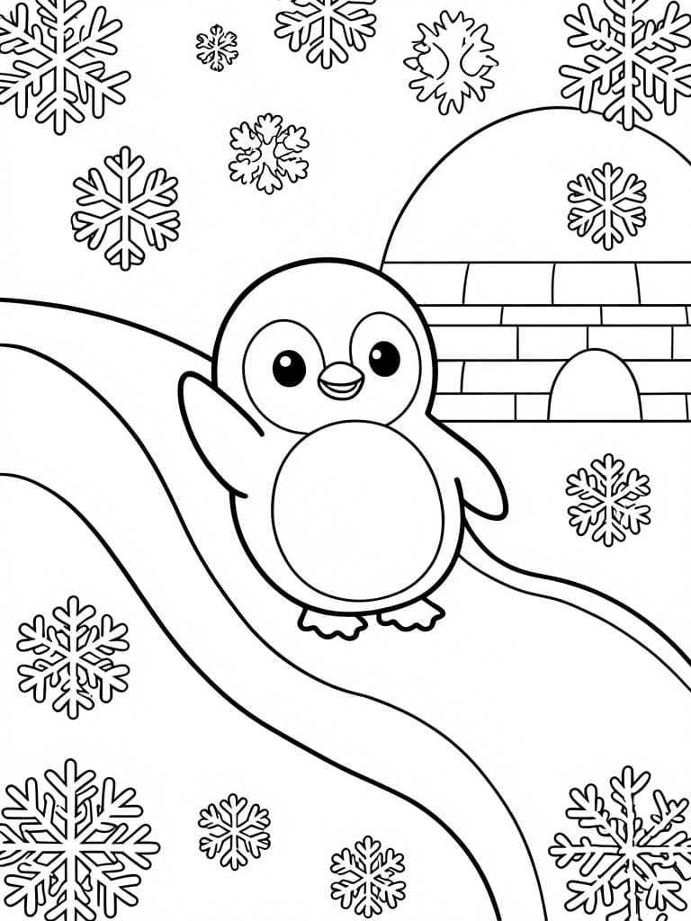 Line drawing of a penguin standing on snow in front of an igloo with snowflakes scattered around.