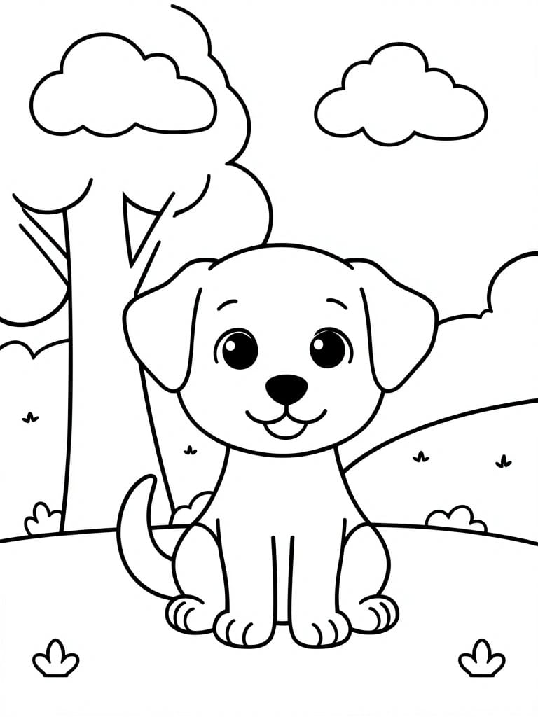 Cute cartoon puppy sitting in grassy field with trees and clouds above