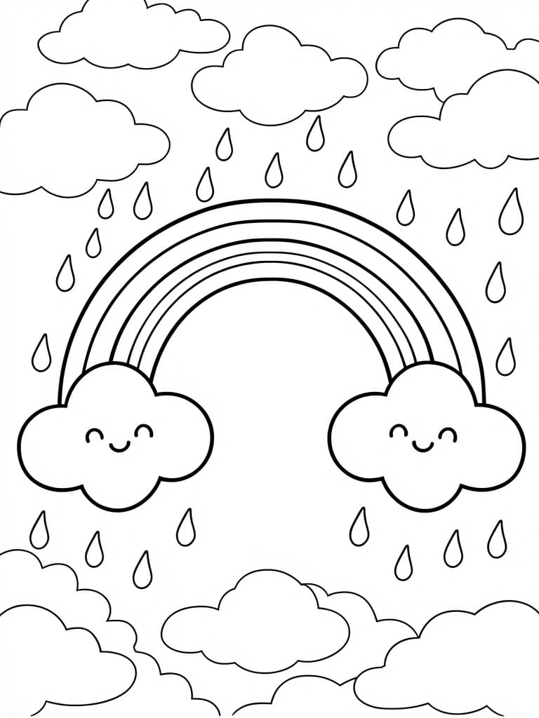 Coloring page of a rainbow arching over two smiling clouds with many raindrops falling around them.