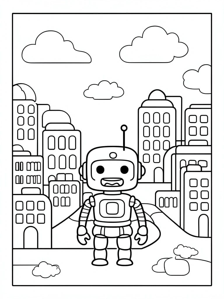 A line drawing shows a cartoon robot in the foreground with city buildings and clouds behind it.